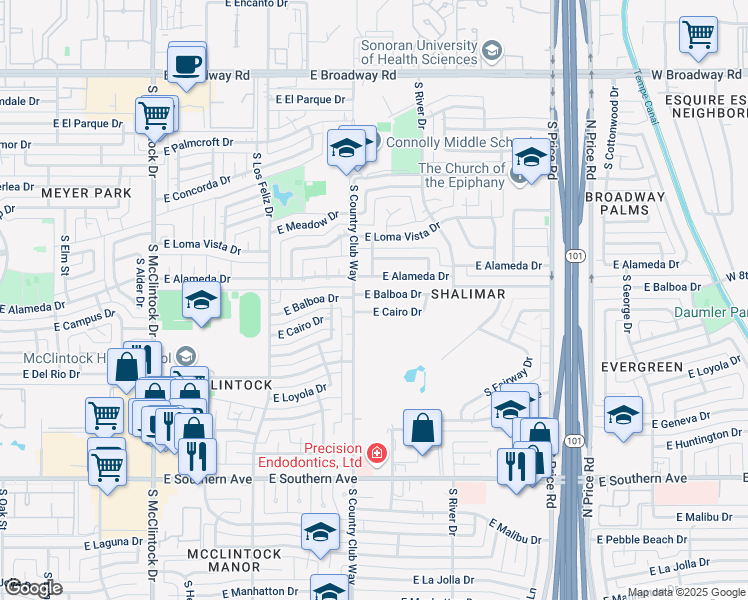 map of restaurants, bars, coffee shops, grocery stores, and more near in Tempe