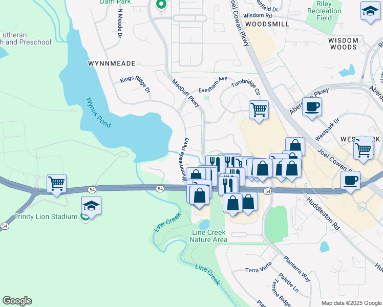 map of restaurants, bars, coffee shops, grocery stores, and more near 302 Glenview Drive in Peachtree City