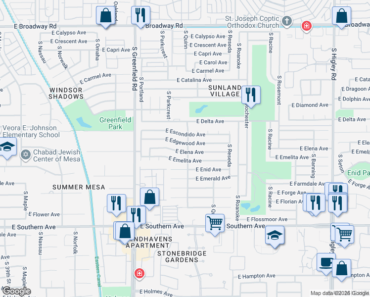 map of restaurants, bars, coffee shops, grocery stores, and more near 4561 East Elena Avenue in Mesa