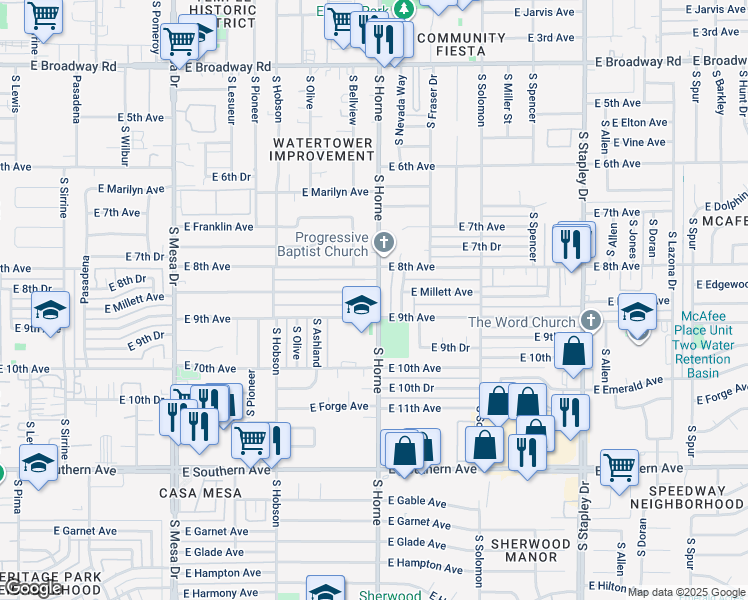 map of restaurants, bars, coffee shops, grocery stores, and more near 764 East 9th Avenue in Mesa