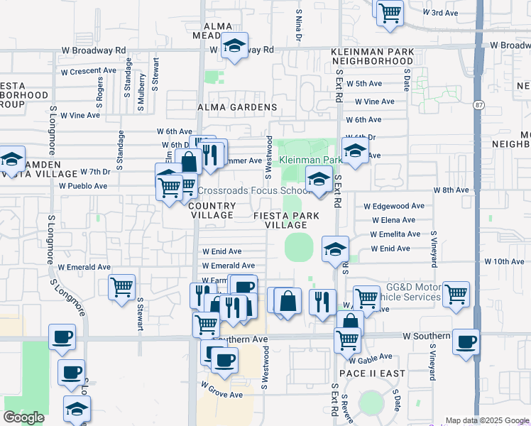 map of restaurants, bars, coffee shops, grocery stores, and more near 1013 West Elena Circle in Mesa