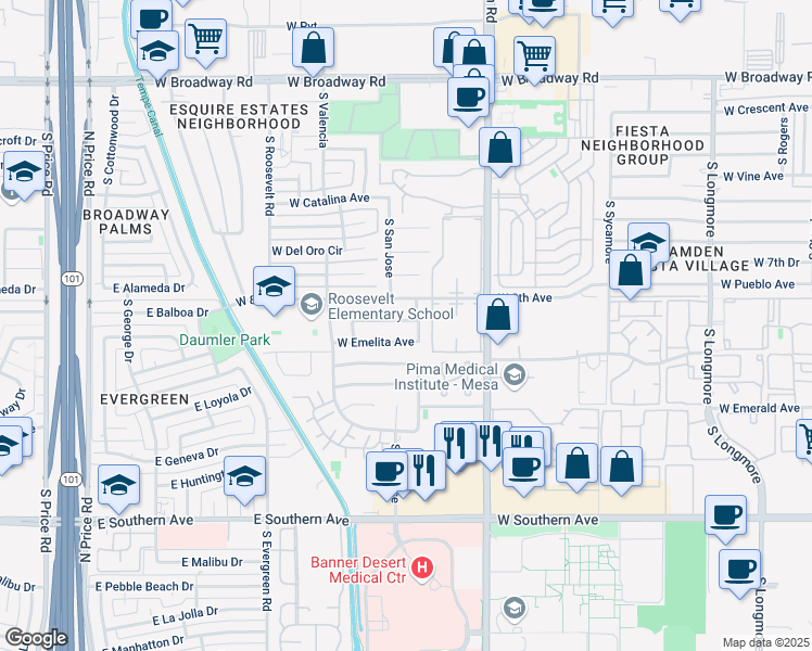 map of restaurants, bars, coffee shops, grocery stores, and more near 2122 West Emelita Avenue in Mesa