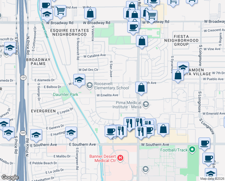 map of restaurants, bars, coffee shops, grocery stores, and more near 2164 West Emelita Avenue in Mesa