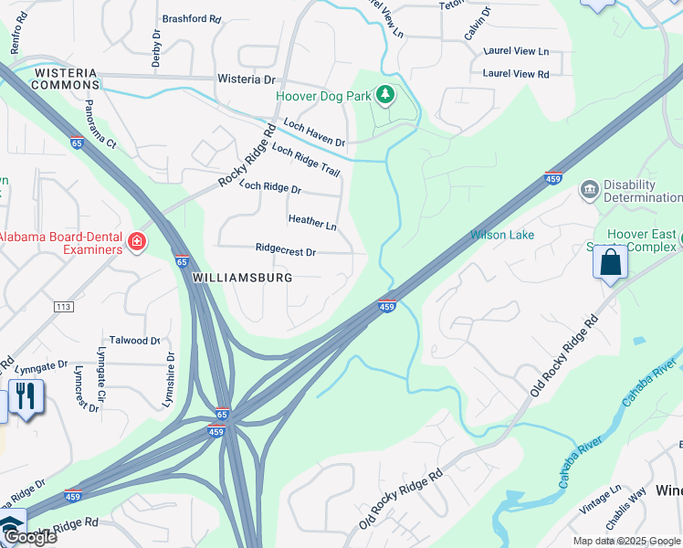 map of restaurants, bars, coffee shops, grocery stores, and more near 1051 Cedar Crest Drive in Hoover