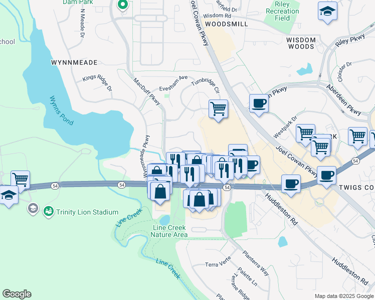 map of restaurants, bars, coffee shops, grocery stores, and more near 3308 Merrick Drive in Peachtree City