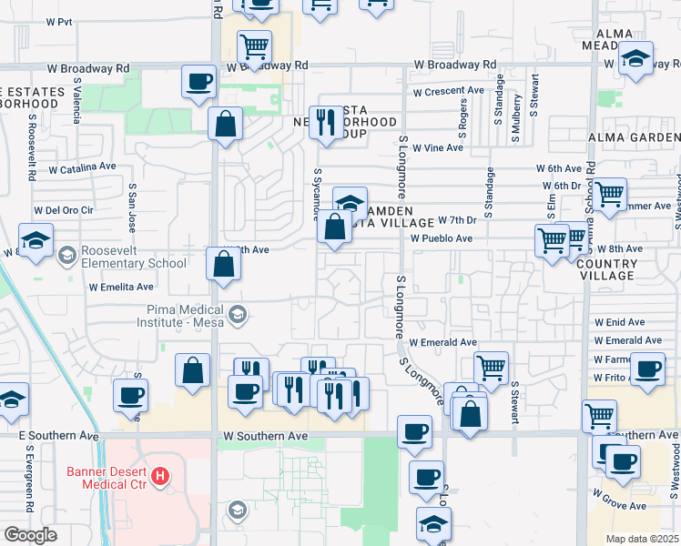 map of restaurants, bars, coffee shops, grocery stores, and more near 1730 West Emelita Avenue in Mesa
