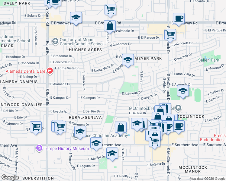 map of restaurants, bars, coffee shops, grocery stores, and more near 1297 East Alameda Circle in Tempe