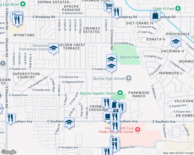 map of restaurants, bars, coffee shops, grocery stores, and more near 9839 East Empress Avenue in Mesa
