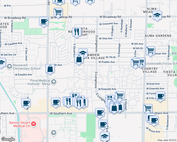 map of restaurants, bars, coffee shops, grocery stores, and more near 850 South Longmore in Mesa