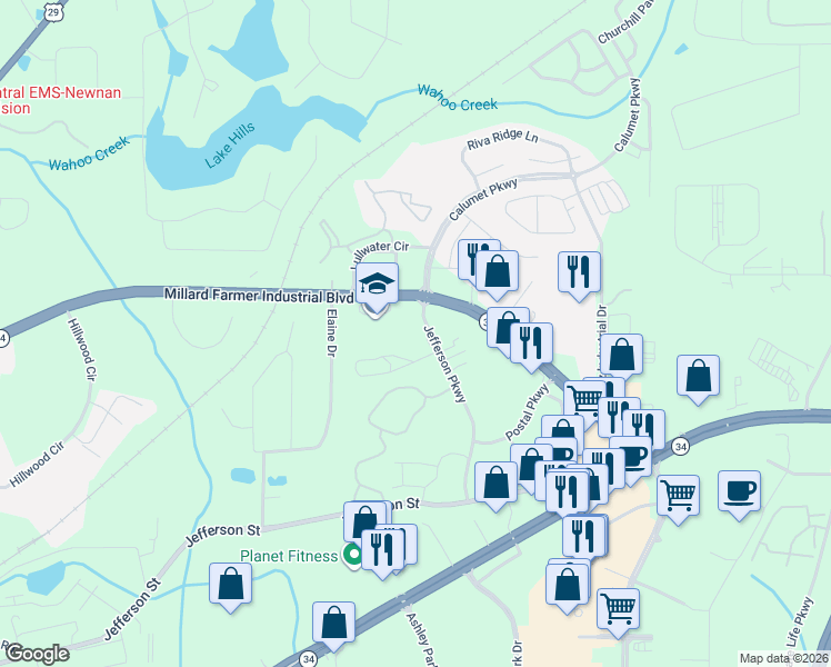 map of restaurants, bars, coffee shops, grocery stores, and more near 210 Jefferson Parkway in Newnan