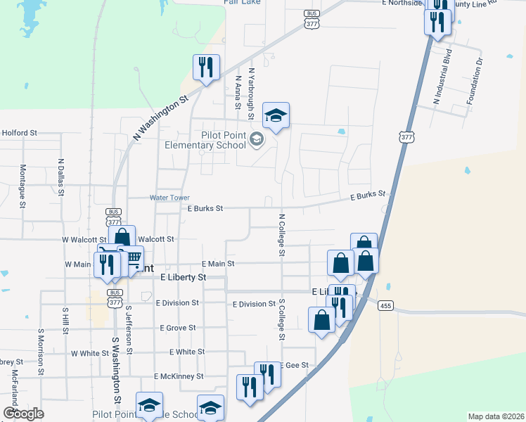 map of restaurants, bars, coffee shops, grocery stores, and more near 538 East Walcott Street in Pilot Point