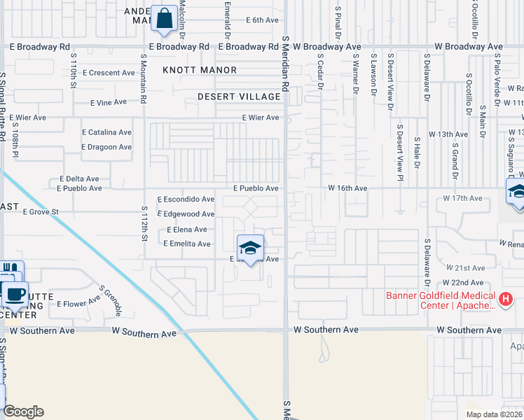 map of restaurants, bars, coffee shops, grocery stores, and more near Mobile Home Park in Mesa