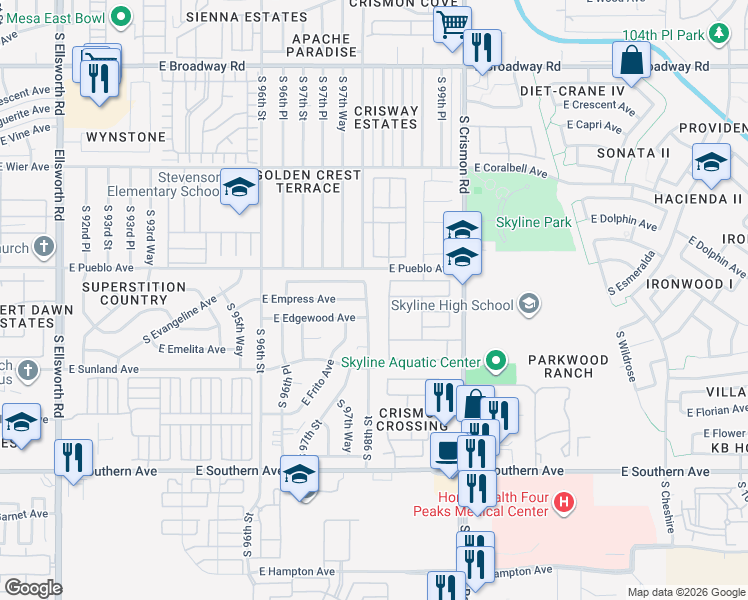 map of restaurants, bars, coffee shops, grocery stores, and more near 827 South 98th Street in Mesa