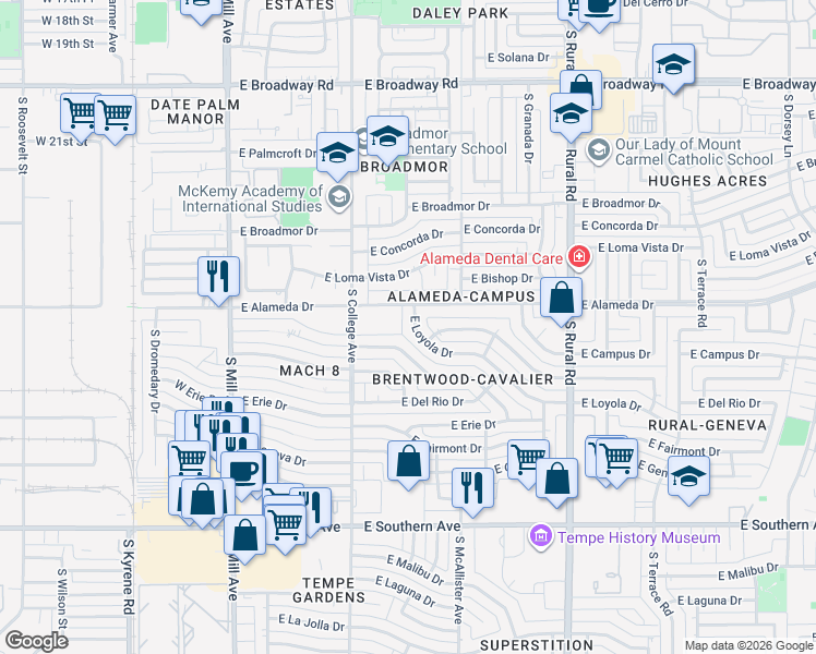 map of restaurants, bars, coffee shops, grocery stores, and more near 344 East Balboa Drive in Tempe