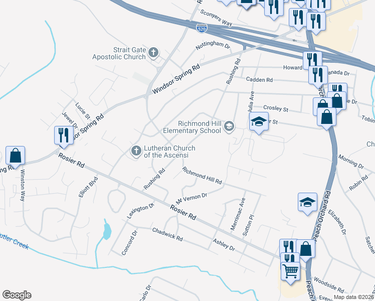 map of restaurants, bars, coffee shops, grocery stores, and more near 3507 Richmond Hill Road in Augusta