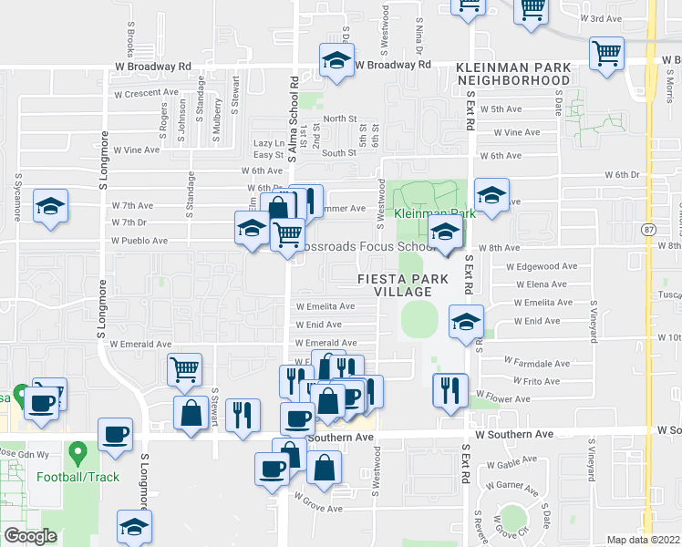 map of restaurants, bars, coffee shops, grocery stores, and more near 1057 West Elena Circle in Mesa