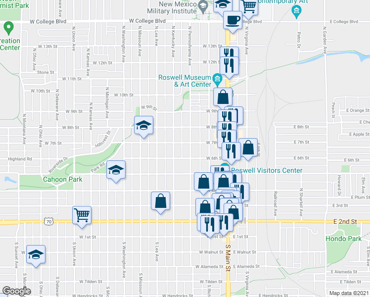 map of restaurants, bars, coffee shops, grocery stores, and more near 215 West 6th Street in Roswell