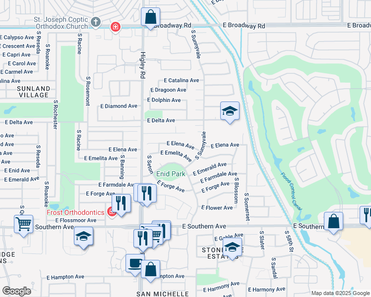 map of restaurants, bars, coffee shops, grocery stores, and more near 5346 East Emelita Avenue in Mesa