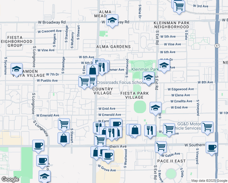 map of restaurants, bars, coffee shops, grocery stores, and more near 1057 West Elena Circle in Mesa
