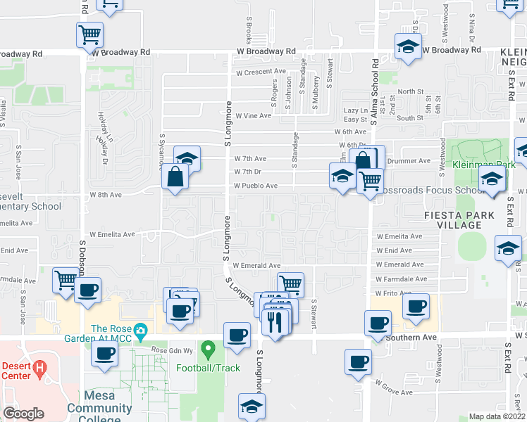 map of restaurants, bars, coffee shops, grocery stores, and more near 843 South Longmore in Mesa