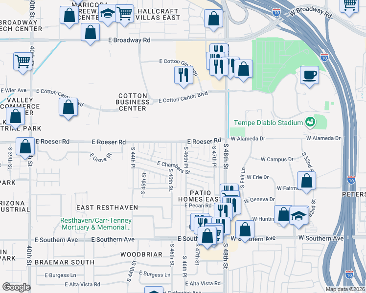 map of restaurants, bars, coffee shops, grocery stores, and more near 4631 East Roeser Road in Phoenix