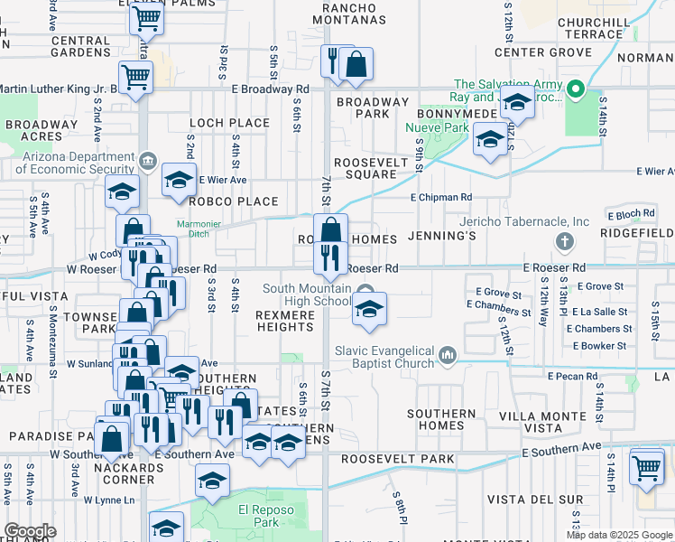 map of restaurants, bars, coffee shops, grocery stores, and more near 719 East Roeser Road in Phoenix