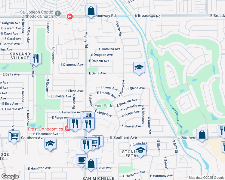 map of restaurants, bars, coffee shops, grocery stores, and more near 5346 East Emelita Avenue in Mesa