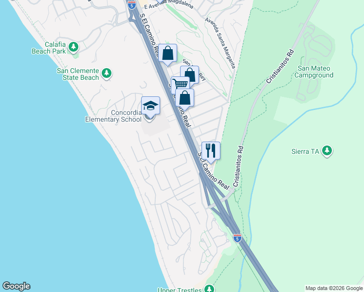 map of restaurants, bars, coffee shops, grocery stores, and more near 3830 Avenida Del Presidente in San Clemente