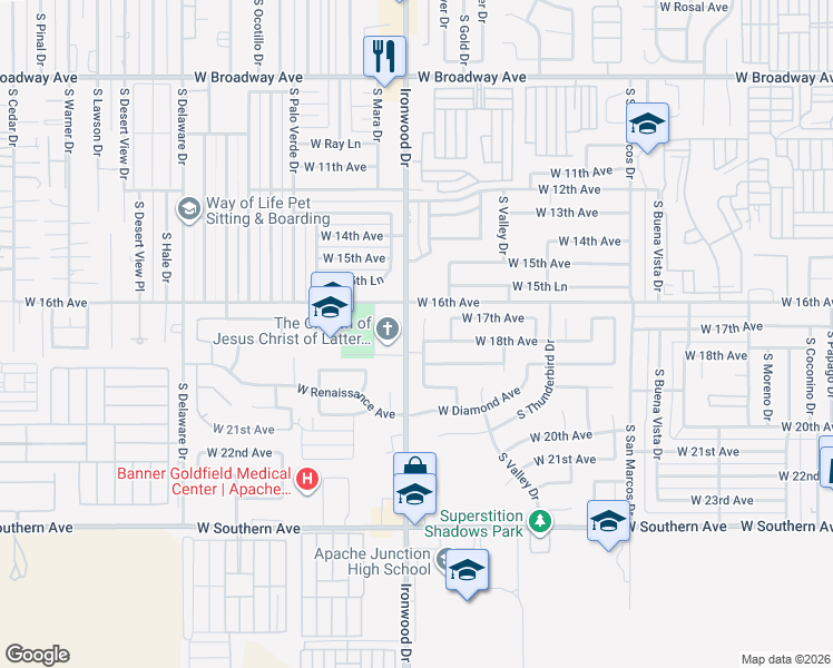 map of restaurants, bars, coffee shops, grocery stores, and more near 1521 West 18th Avenue in Apache Junction