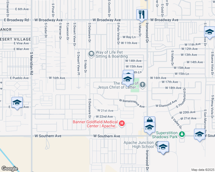 map of restaurants, bars, coffee shops, grocery stores, and more near 1858 South Ocotillo Drive in Apache Junction