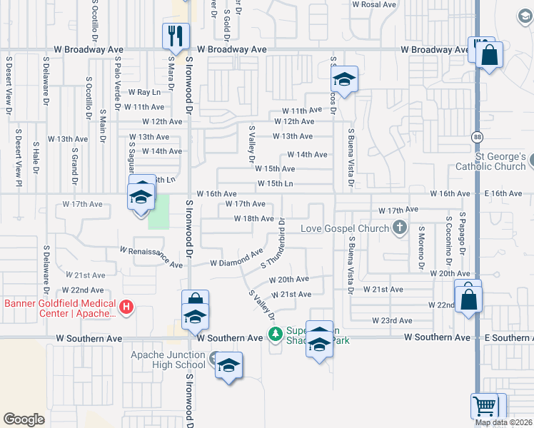 map of restaurants, bars, coffee shops, grocery stores, and more near 1113 West 18th Avenue in Apache Junction