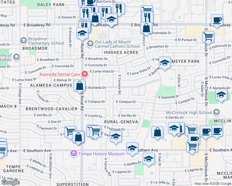 map of restaurants, bars, coffee shops, grocery stores, and more near in Tempe