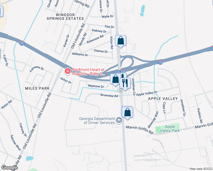 map of restaurants, bars, coffee shops, grocery stores, and more near 1909 Neptune Drive in Augusta