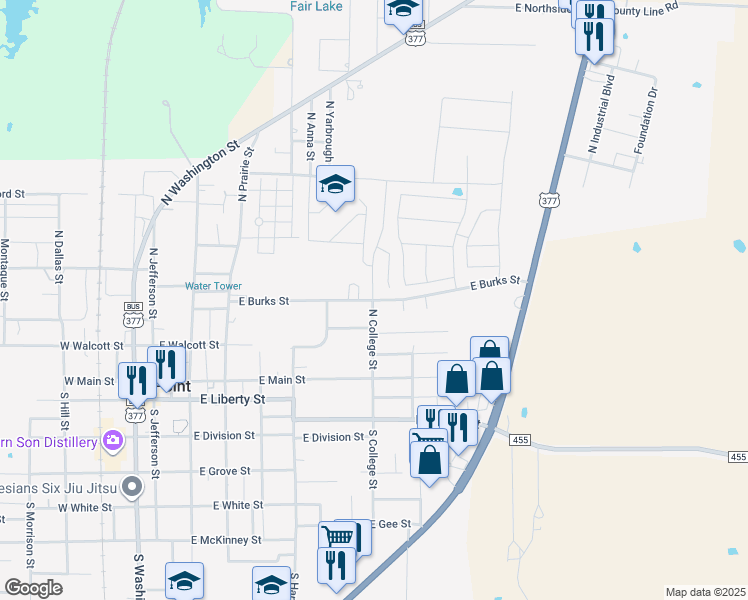 map of restaurants, bars, coffee shops, grocery stores, and more near 713 East Burks Street in Pilot Point
