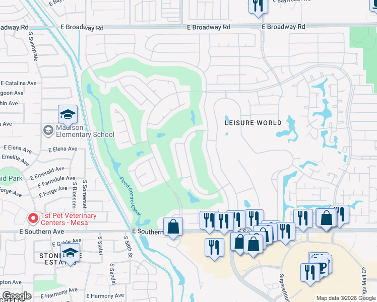 map of restaurants, bars, coffee shops, grocery stores, and more near 1447 Leisure World in Mesa