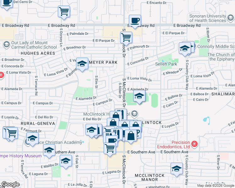 map of restaurants, bars, coffee shops, grocery stores, and more near 1716 East Campus Drive in Tempe
