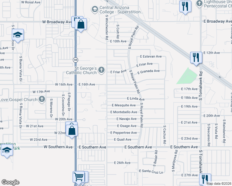 map of restaurants, bars, coffee shops, grocery stores, and more near 530 East Linda Avenue in Apache Junction