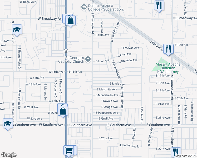 map of restaurants, bars, coffee shops, grocery stores, and more near 422 East Linda Avenue in Apache Junction