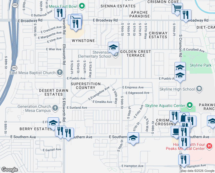 map of restaurants, bars, coffee shops, grocery stores, and more near 853 South Evangeline Avenue in Mesa