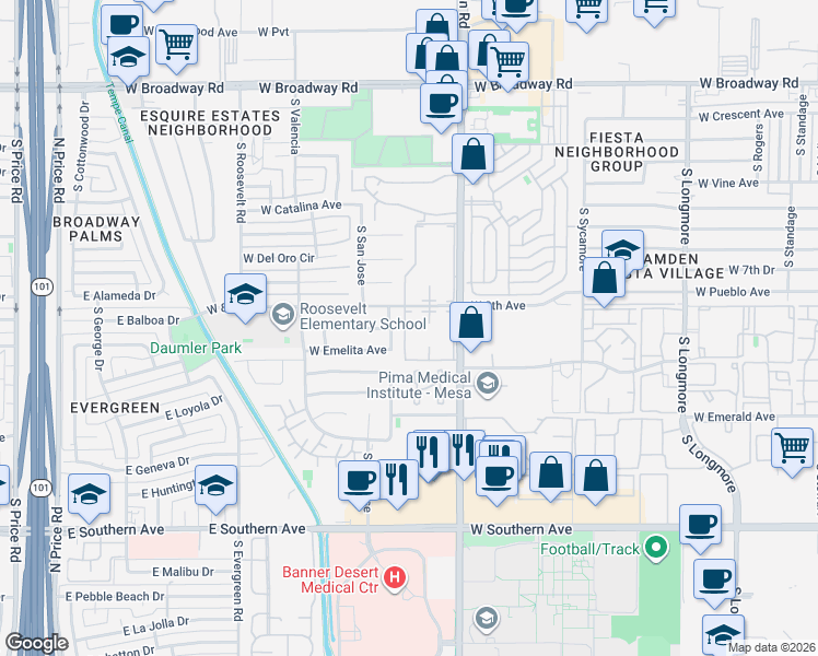map of restaurants, bars, coffee shops, grocery stores, and more near 830 South Dobson Road in Mesa