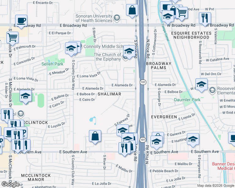 map of restaurants, bars, coffee shops, grocery stores, and more near 2811 South Bala Drive in Tempe