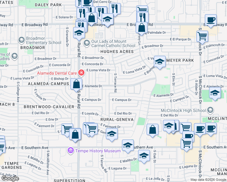 map of restaurants, bars, coffee shops, grocery stores, and more near in Tempe