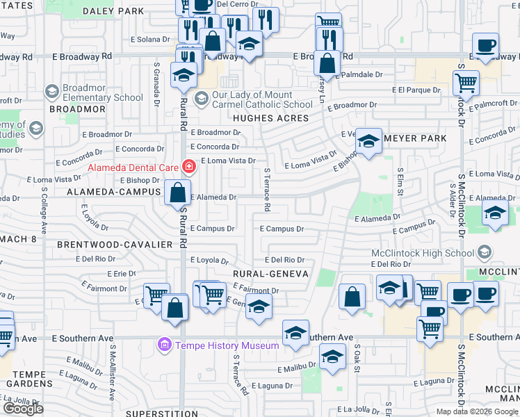 map of restaurants, bars, coffee shops, grocery stores, and more near in Tempe