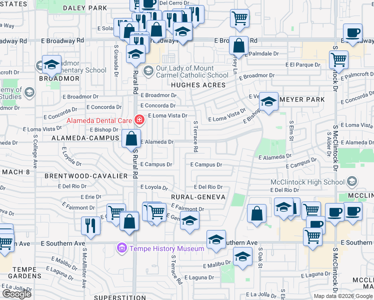 map of restaurants, bars, coffee shops, grocery stores, and more near 2716 South Terrace Road in Tempe