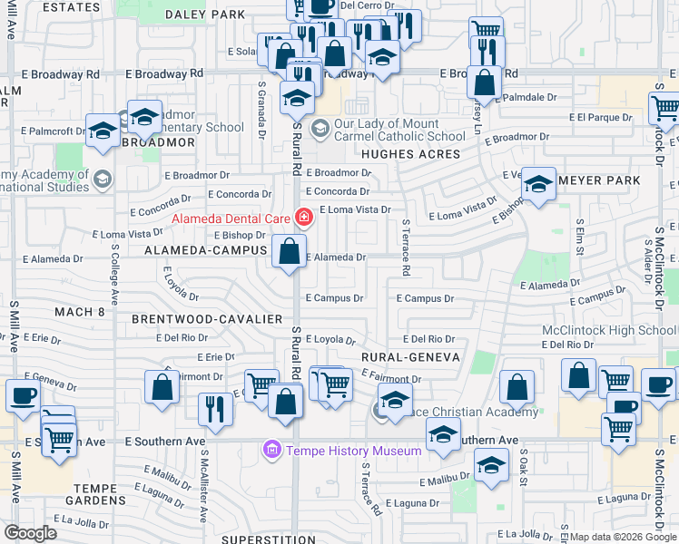 map of restaurants, bars, coffee shops, grocery stores, and more near 1021 East Balboa Circle in Tempe