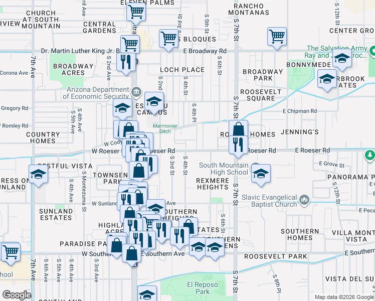 map of restaurants, bars, coffee shops, grocery stores, and more near 313 East Roeser Road in Phoenix