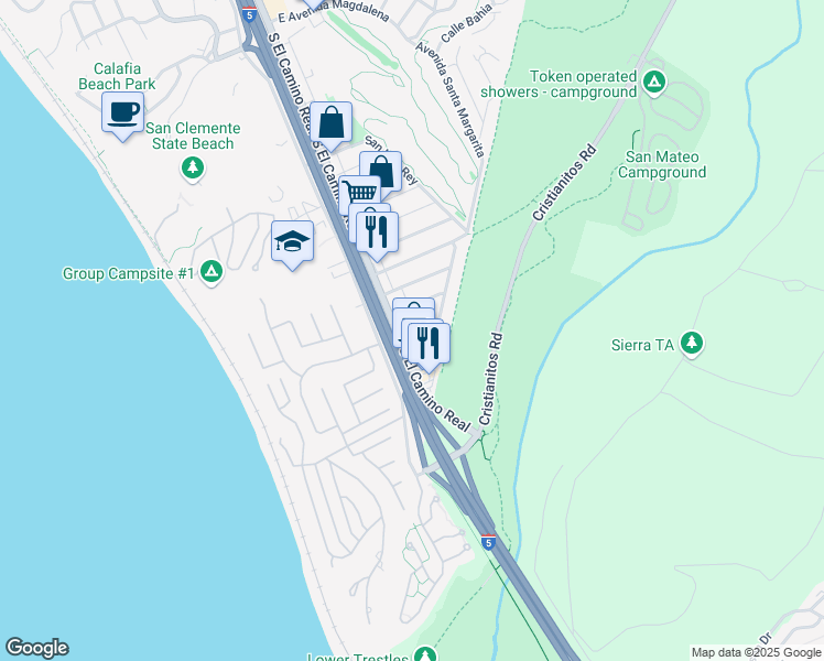 map of restaurants, bars, coffee shops, grocery stores, and more near 109 Avenida Pala in San Clemente