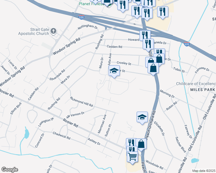 map of restaurants, bars, coffee shops, grocery stores, and more near 937 Hickman Road in Augusta