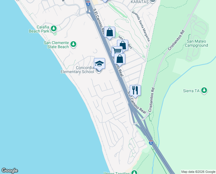 map of restaurants, bars, coffee shops, grocery stores, and more near 3821 Calle De Las Focas in San Clemente