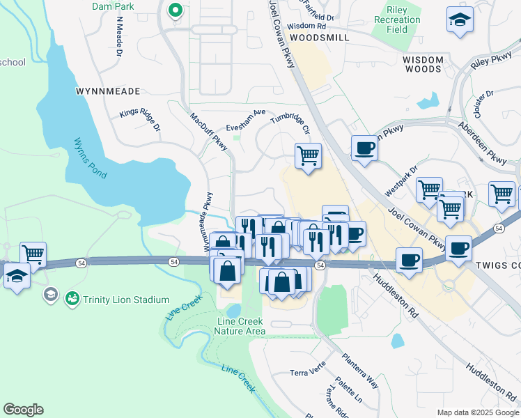 map of restaurants, bars, coffee shops, grocery stores, and more near 7201 Merrick Drive in Peachtree City